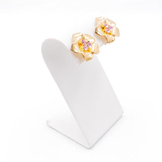 Vintage Gold Tone Pink Rhinestone Flower Clip-On Earrings