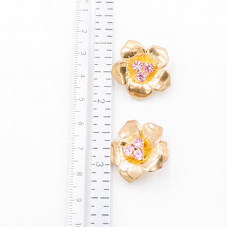 Vintage Gold Tone Pink Rhinestone Flower Clip-On Earrings