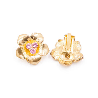 Vintage Gold Tone Pink Rhinestone Flower Clip-On Earrings