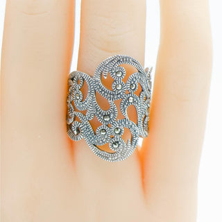 Vintage Sterling Silver Marcasite Scroll Ring Band Size 6.5