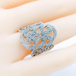Vintage Sterling Silver Marcasite Scroll Ring Band Size 6.5