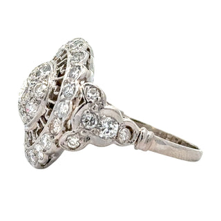 Art Deco 18K White Gold Diamond Halo Engagement Cocktail Ring Size 7.75