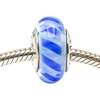 Pandora Teal Blue Stripes Murano Glass Charm Sterling Silver Retired