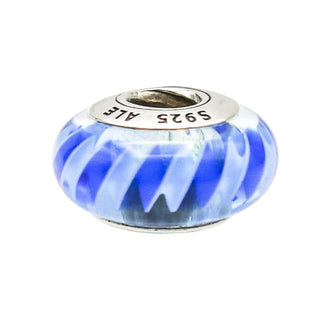 Pandora Teal Blue Stripes Murano Glass Charm Sterling Silver Retired