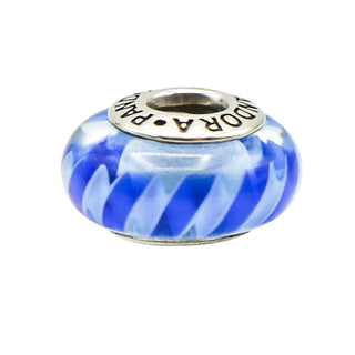 Pandora Teal Blue Stripes Murano Glass Charm Sterling Silver Retired