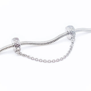 LOOK NINA Sterling Silver Safety Chain With Silicone for Charm Bangles With Clear Cyrstals