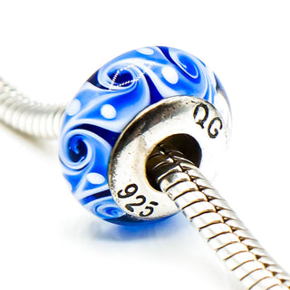 QG Brand Blue Swirl Murano Glass Charm With Sterling Silver Core