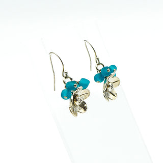 Sterling Silver Flower Earrings With Blue Frosted Glass Beads