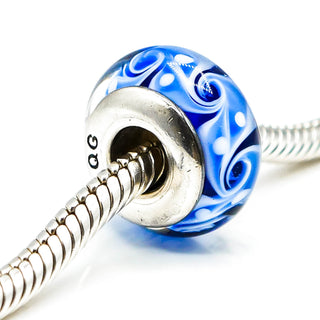 QG Brand Blue Swirl Murano Glass Charm With Sterling Silver Core