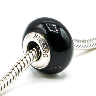 CHARMED MEMORIES Black Murano Glass Charm With Sterling Silver Core