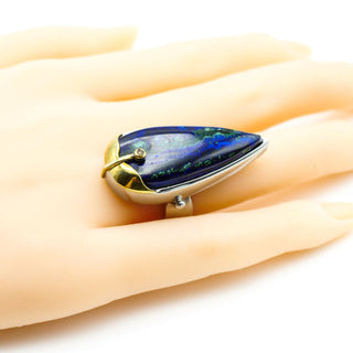 Malachite, Azurite, Diamond Sterling Silver Ring With 18K Gold Size 7