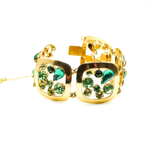 Vintage German 1/20 14K Gold Filled Statement Bracelet With Green Rhinestones