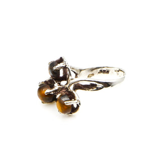 Vintage Tiger's Eye Brutalist Sterling Silver Three-Stone Ring Size 6
