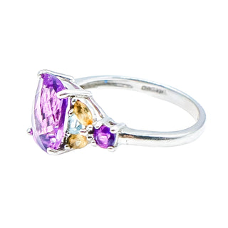 Cushion Cut Amethyst Ring in Sterling Silver With Citrine and Topaz Size 8