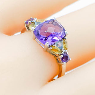 Cushion Cut Amethyst Ring in Sterling Silver With Citrine and Topaz Size 8