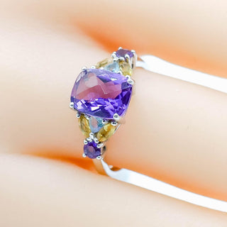 Cushion Cut Amethyst Ring in Sterling Silver With Citrine and Topaz Size 8