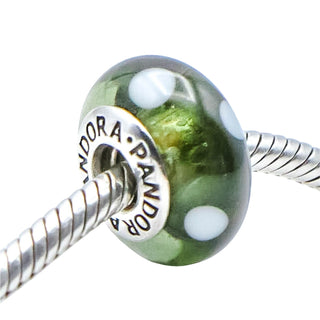 Pandora 'Black White Polka Dot' Green Murano Glass Charm Sterling Silver Retired