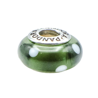 Pandora 'Black White Polka Dot' Green Murano Glass Charm Sterling Silver Retired