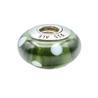 Pandora 'Black White Polka Dot' Green Murano Glass Charm Sterling Silver Retired