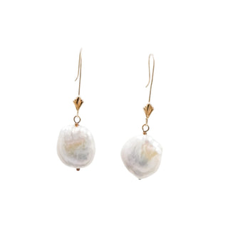 14K Yellow Gold White Baroque Freshwater Pearl 1.75 Inch Drop Earrings