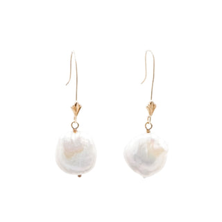 14K Yellow Gold White Baroque Freshwater Pearl 1.75 Inch Drop Earrings