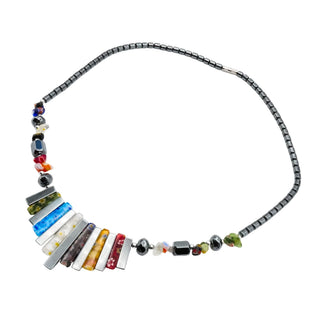 Hematite Millefiori Glass Bib Necklace 19 Inches