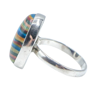 Sterling Silver Rainbow Calsilica Ring Size 9 | Oval Cabochon Colorful Statement Ring