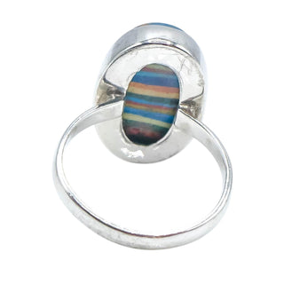 Sterling Silver Rainbow Calsilica Ring Size 9 | Oval Cabochon Colorful Statement Ring