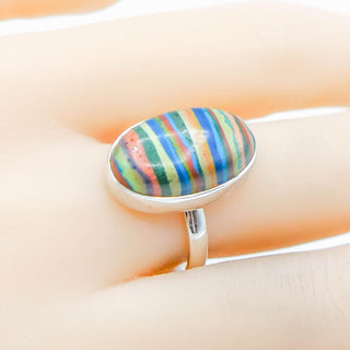 Sterling Silver Rainbow Calsilica Ring Size 9 | Oval Cabochon Colorful Statement Ring