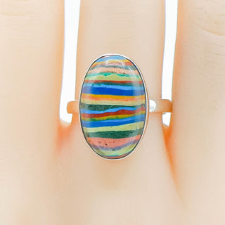 Sterling Silver Rainbow Calsilica Ring Size 9 | Oval Cabochon Colorful Statement Ring