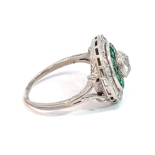 Art Deco Platinum European Cut Diamond And Emerald Double Halo Engagement Ring Size 7
