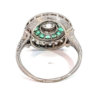 Art Deco Platinum European Cut Diamond And Emerald Double Halo Engagement Ring Size 7