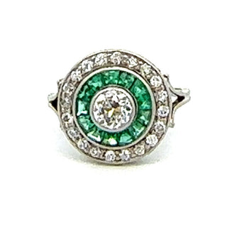 Art Deco Platinum European Cut Diamond And Emerald Double Halo Engagement Ring Size 7