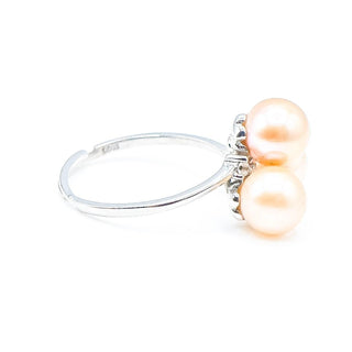 Sterling Silver Pink Pearl Three-Stone Ring Size 6 Adj With CZ