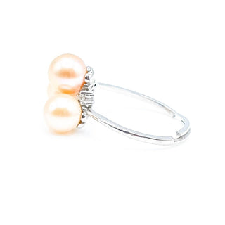 Sterling Silver Pink Pearl Three-Stone Ring Size 6 Adj With CZ