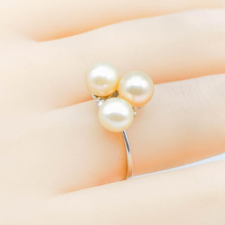 Sterling Silver Pink Pearl Three-Stone Ring Size 6 Adj With CZ