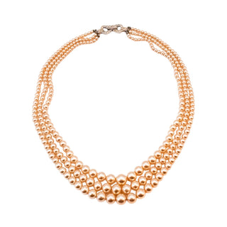 Vintage Champagne Pearl Triple Strand Necklace Rhinestone Clasp 16.5 Inches