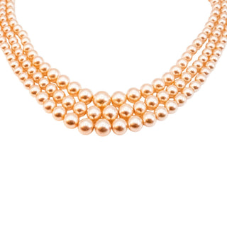 Vintage Champagne Pearl Triple Strand Necklace Rhinestone Clasp 16.5 Inches