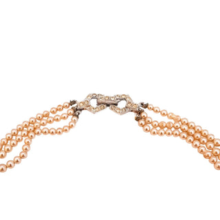 Vintage Champagne Pearl Triple Strand Necklace Rhinestone Clasp 16.5 Inches