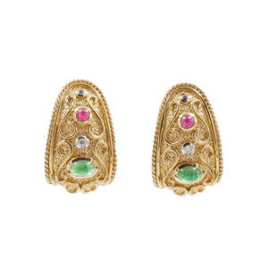 14K Gold Emerald Ruby Sapphire Diamond Filigree Omega Back Earrings Estate