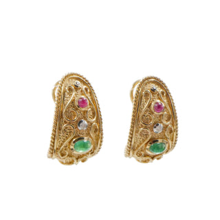 14K Gold Emerald Ruby Sapphire Diamond Filigree Omega Back Earrings Estate