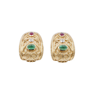 14K Gold Emerald Ruby Sapphire Diamond Filigree Omega Back Earrings Estate