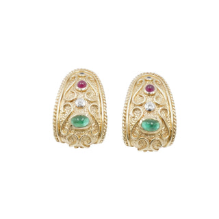 14K Gold Emerald Ruby Sapphire Diamond Filigree Omega Back Earrings Estate