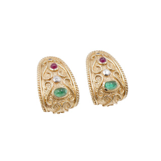 14K Gold Emerald Ruby Sapphire Diamond Filigree Omega Back Earrings Estate