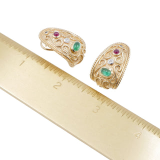 14K Gold Emerald Ruby Sapphire Diamond Filigree Omega Back Earrings Estate