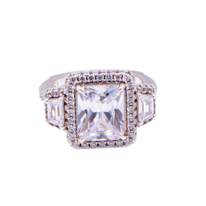 Princess Cut Cubic Zirconia Sterling Silver Three Stone Halo Ring Size 6