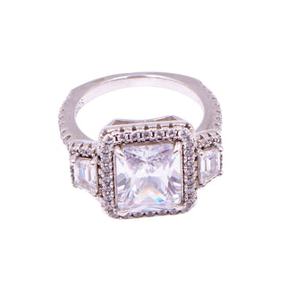 Princess Cut Cubic Zirconia Sterling Silver Three Stone Halo Ring Size 6