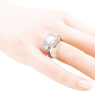Princess Cut Cubic Zirconia Sterling Silver Three Stone Halo Ring Size 6