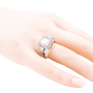 Princess Cut Cubic Zirconia Sterling Silver Three Stone Halo Ring Size 6