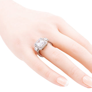 Princess Cut Cubic Zirconia Sterling Silver Three Stone Halo Ring Size 6